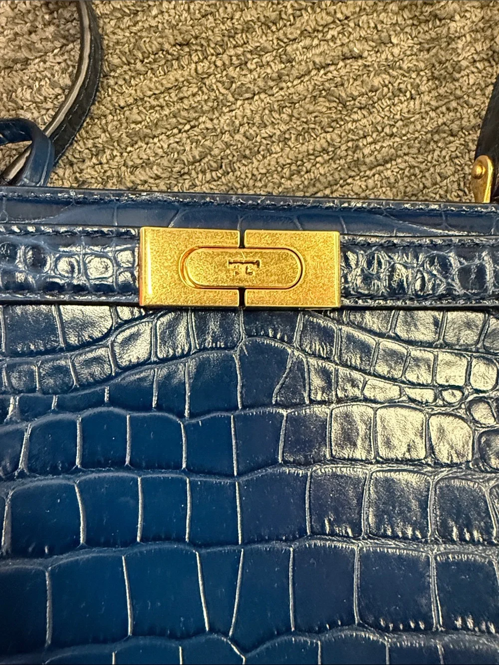Tory Burch Navy Croc-Embossed Shoulder Bag with Gold Hardware